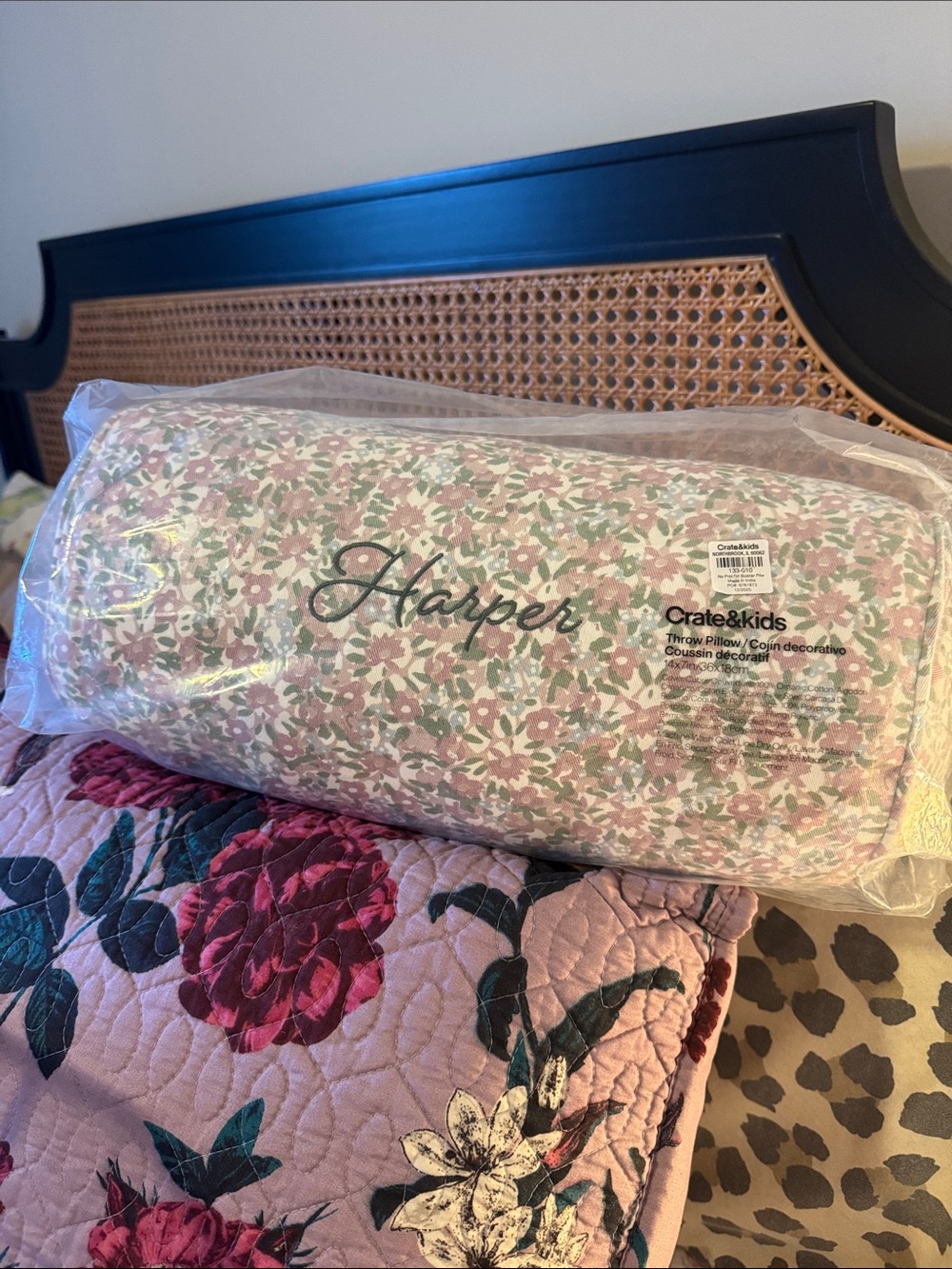 Crate&Barrel Harper Floral Bolster Pillow - Pink, Green & Cream